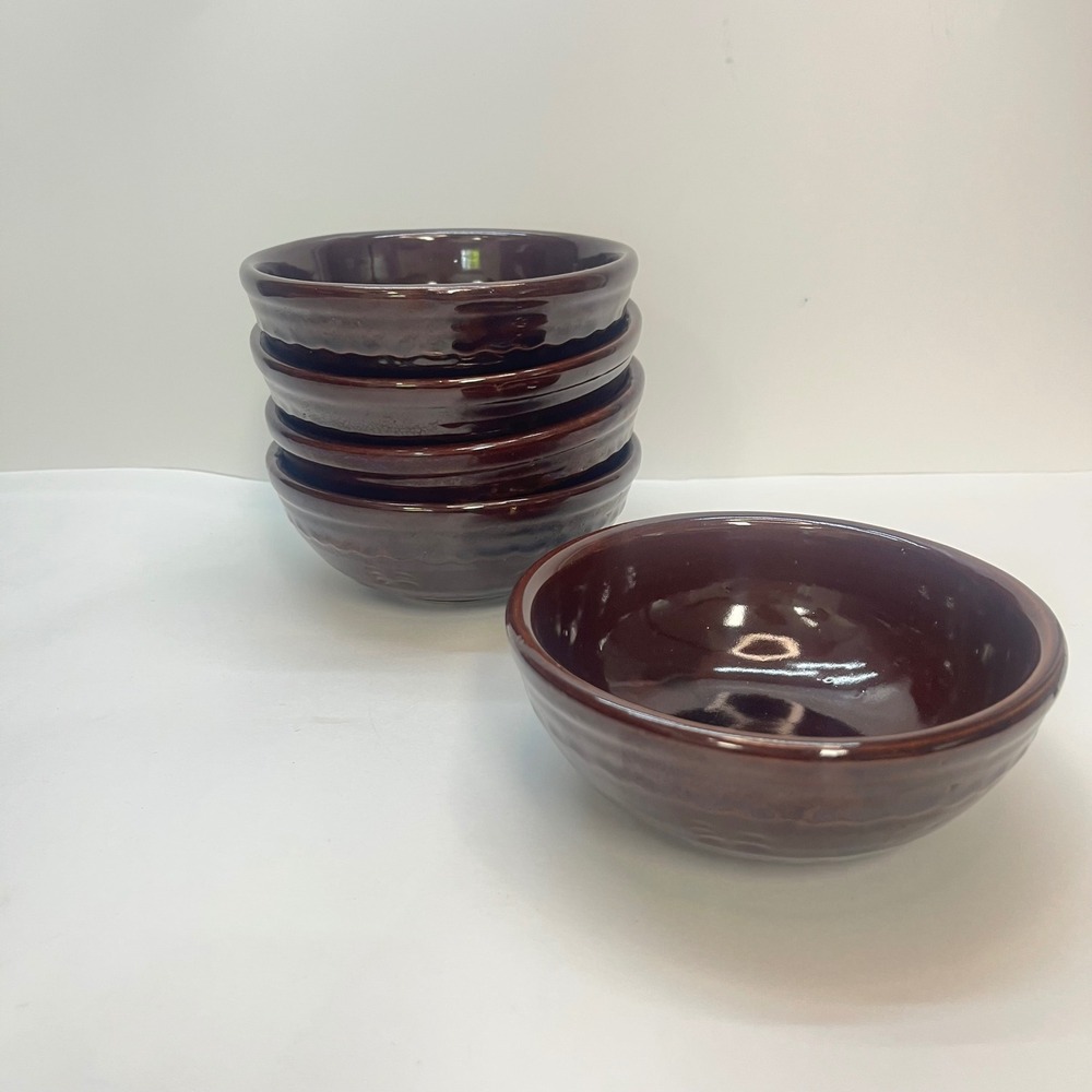 daisy dot USA Brown Glazed Stoneware Bowls Set of 5 Ceramic 5.5" vtg mar crest
